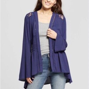 Knox Rose Navy Blue Lace Boho Open Front Kimono Cardigan Lightweight Size Small
